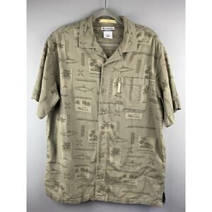Columbia‎ River Lodge Shirt Large Mens Button Up Fish Shark Palm Trees Island